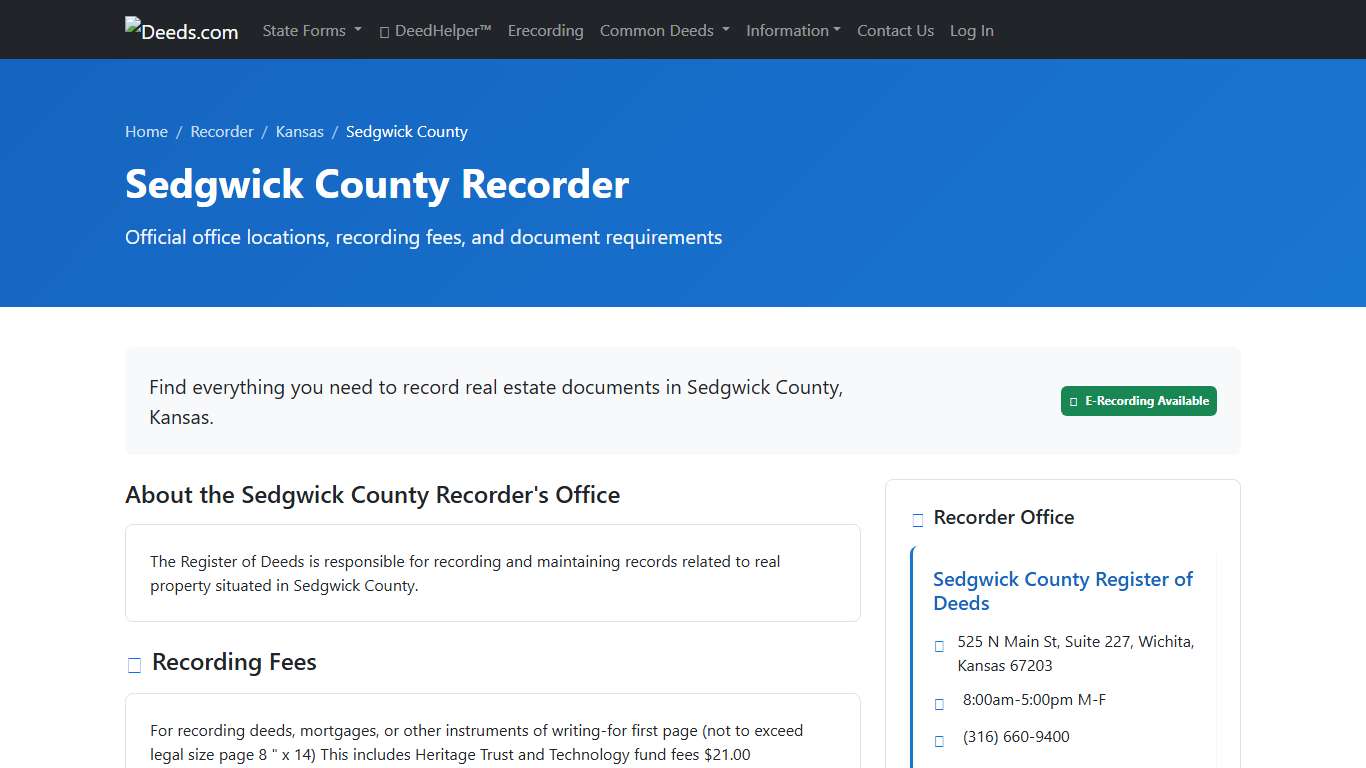 Sedgwick County Recorder Information, Kansas - Deeds.com